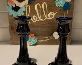 ヴィンテージ コバルトブルー ガラス キャンドルホルダー - 2個セット