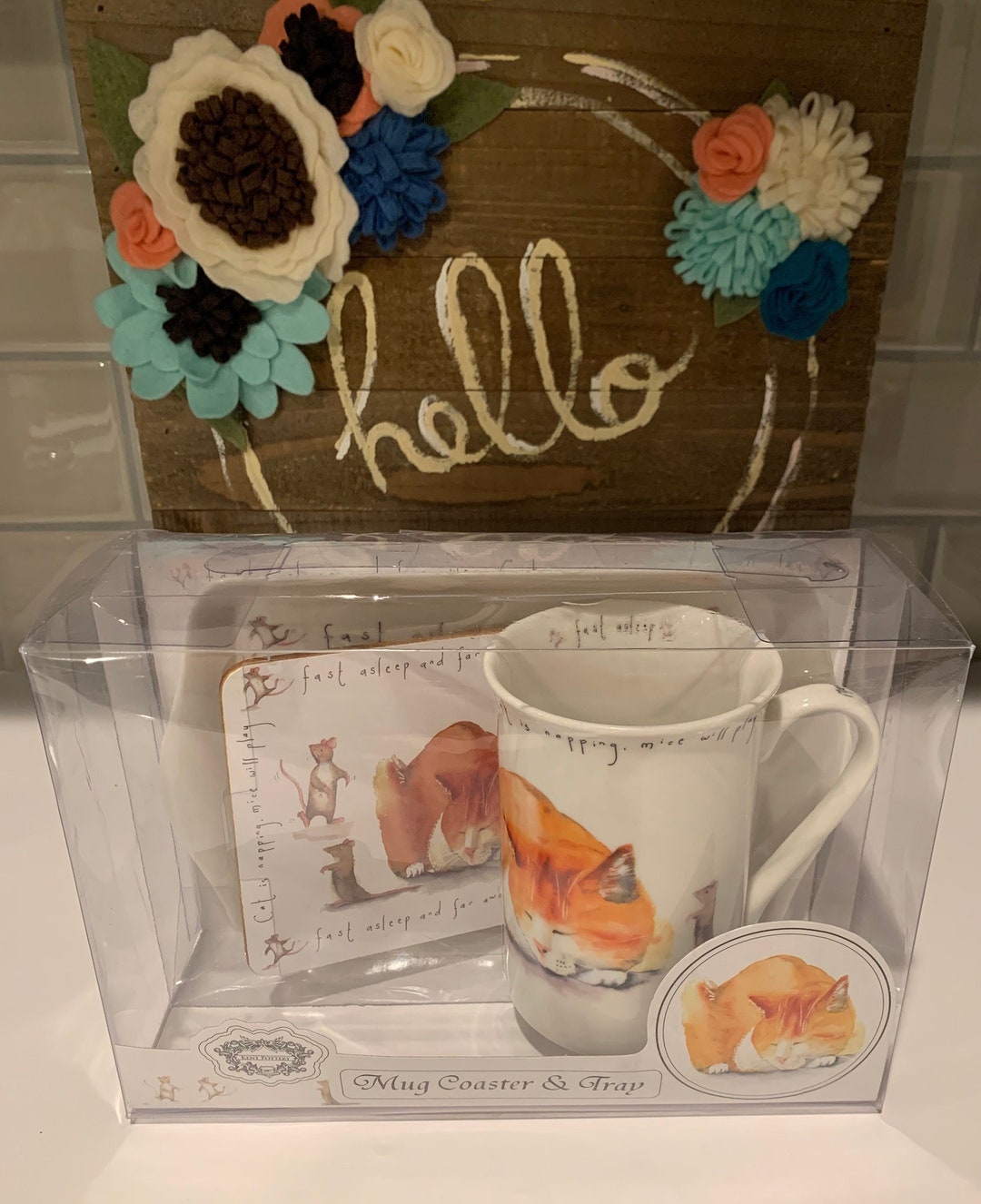 Cat Mug Coaster & Tray Set Cat Mug Set Cat Coffee Mug Set Kent Pottery