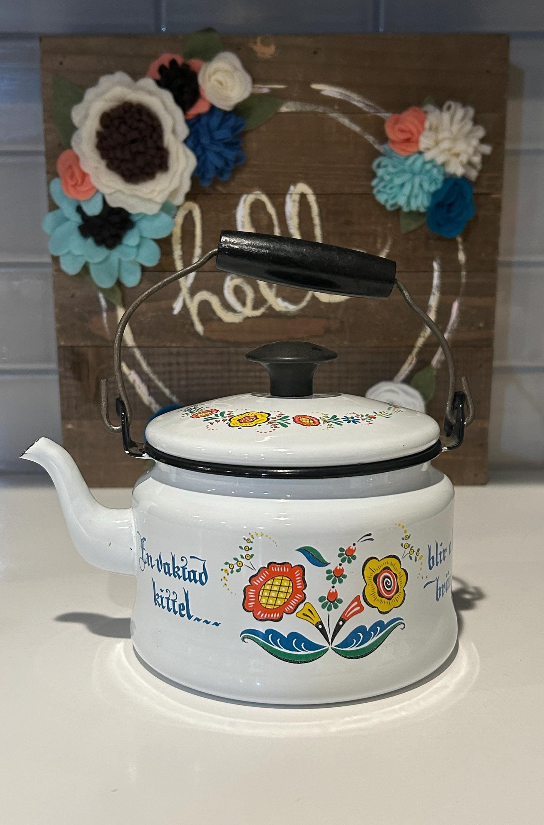 Vintage Enamel Norske Teapot: Colorful Floral Scandinavian Metal