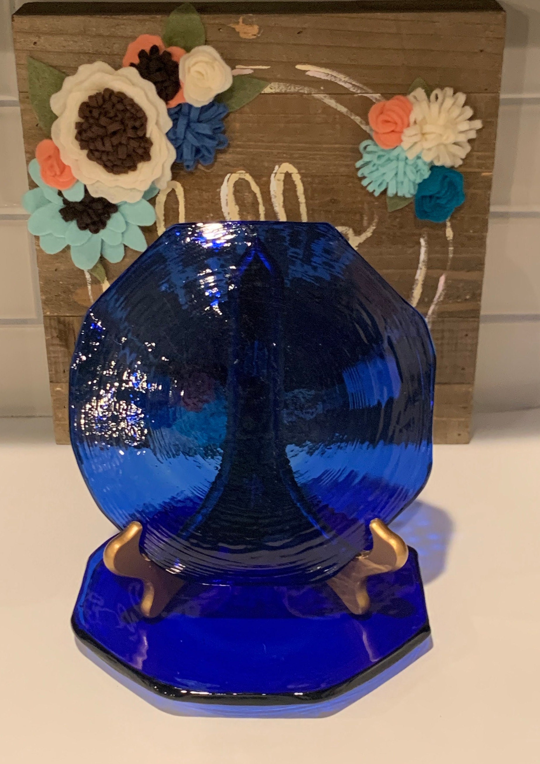 Recycled Glass Salad Plates Cobalt Blue Octagon Recycled Etsy