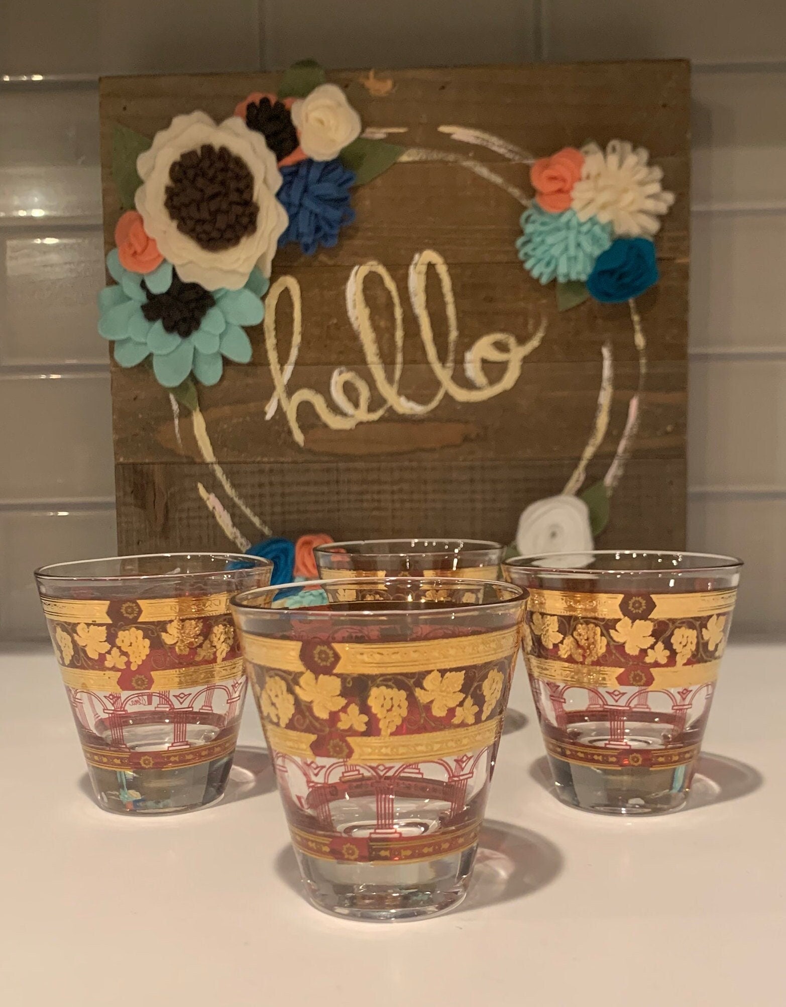 Golden Grapes Burgundy Whiskey Glasses by Ceramic Glass