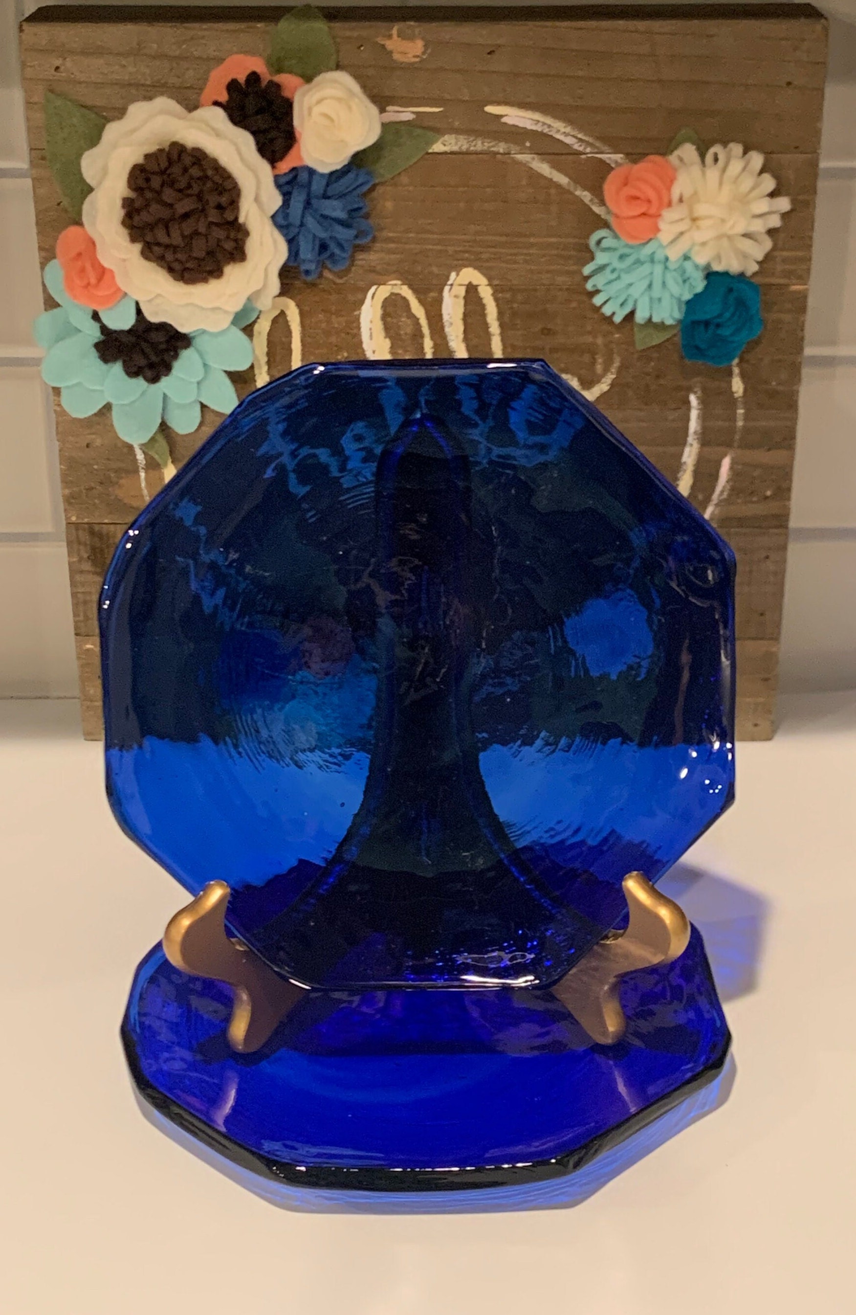 Recycled Glass Salad Plates Cobalt Blue Octagon Recycled Etsy