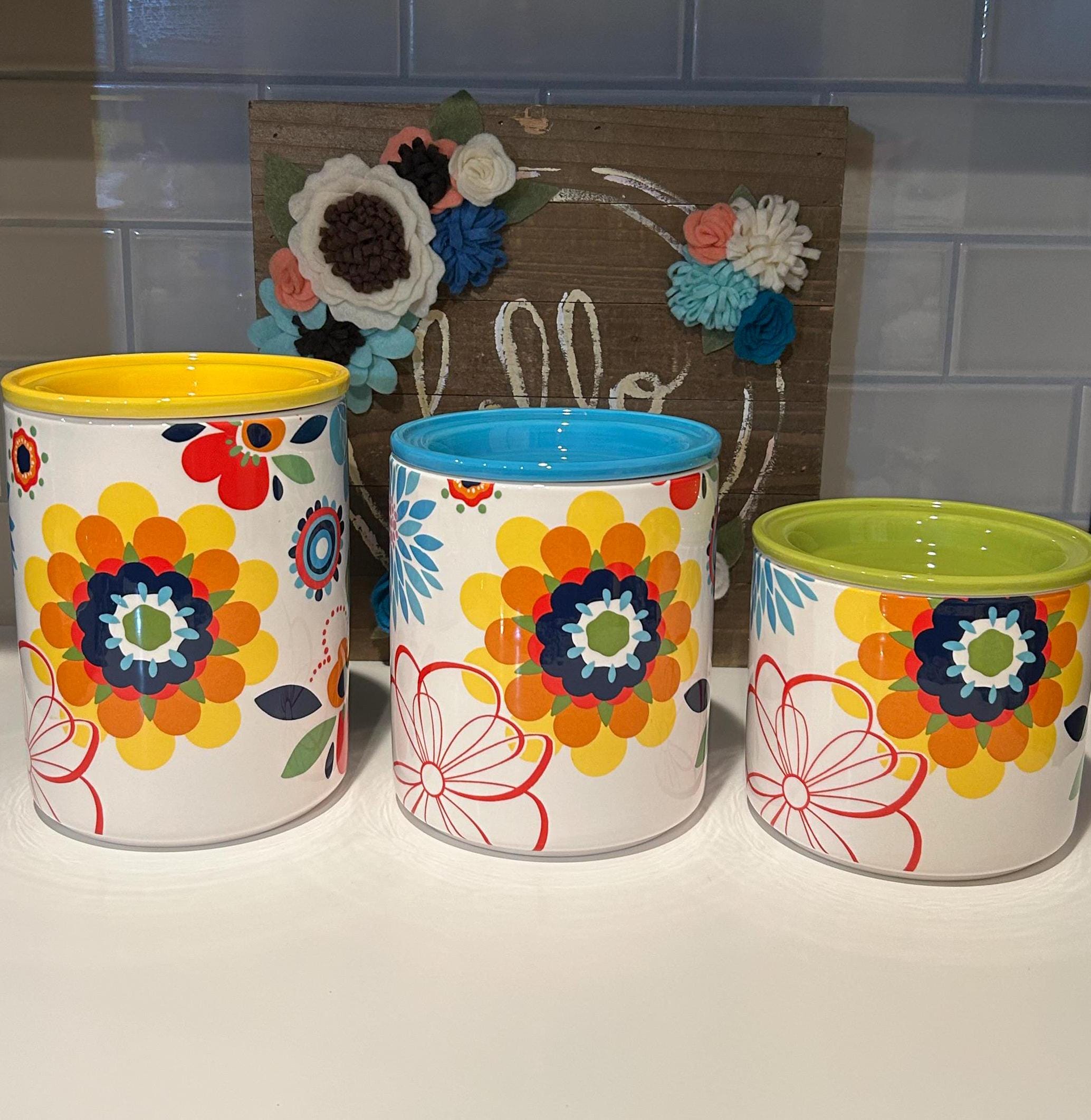 ☆★まるり★☆ポタリー / ひとりカフェセット 〜☆水色小花の小枝☆〜 Pier One Floral Ceramic Food Canisters: Colorful Kitchen Storage