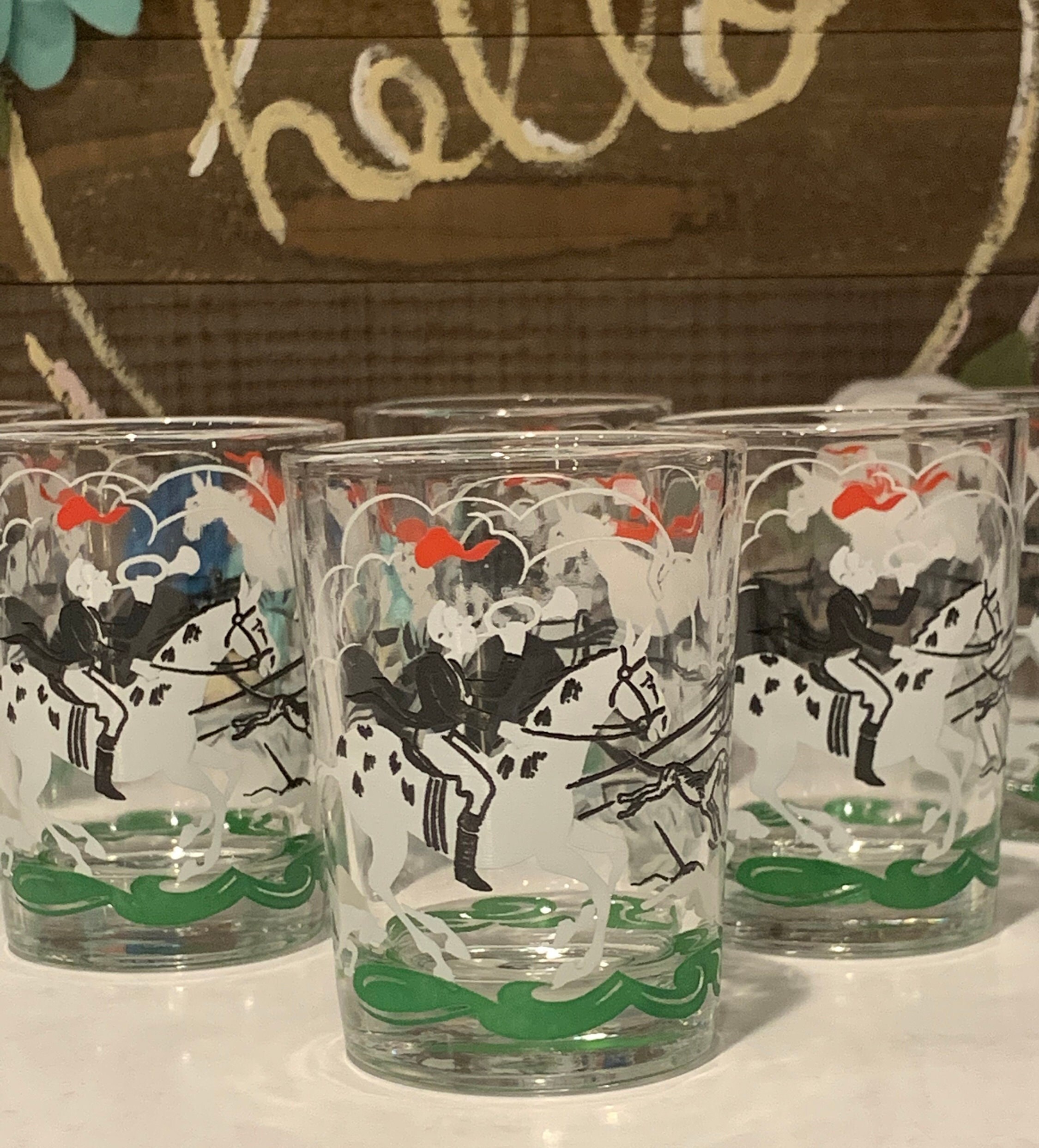 Vintage Hazel Atlas Fox Hunt Cocktail Shaker Set With Shot Glasses