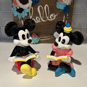 Disney Mickey Minnie Mouse Reading Ceramic Bookends | Mickey And Minnie Mouse Ceramic Figurines | Nursery Room Decor | Mickey Minnie Gifts