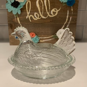 Helder glas Indiana Glassware Hen on the Nest |  Snoepschaal | Trinketschaal vintage glazen schaal met kip | Paasdecor