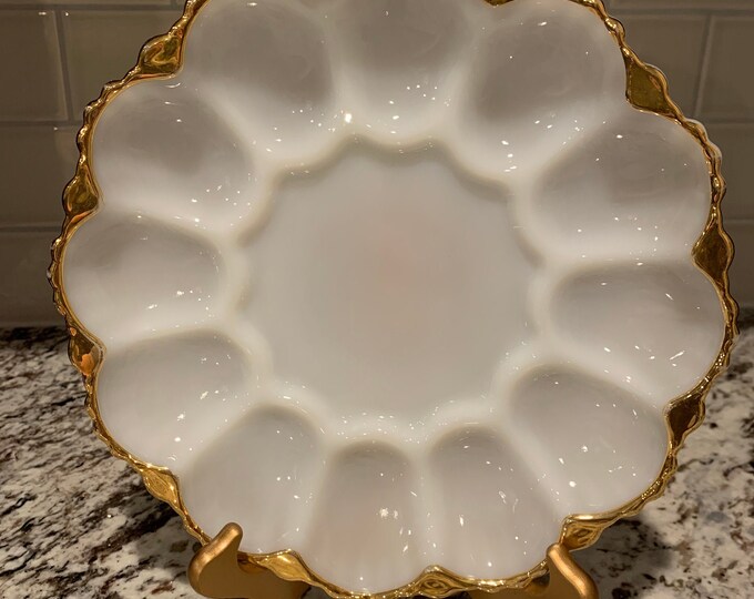 Milk Glass Deveiled Egg Platter Anchor Hocking Milk Glass With Gold