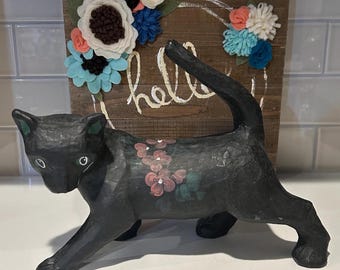 Signed Paper Mache Black Cat Figurine: Folk Art Decor