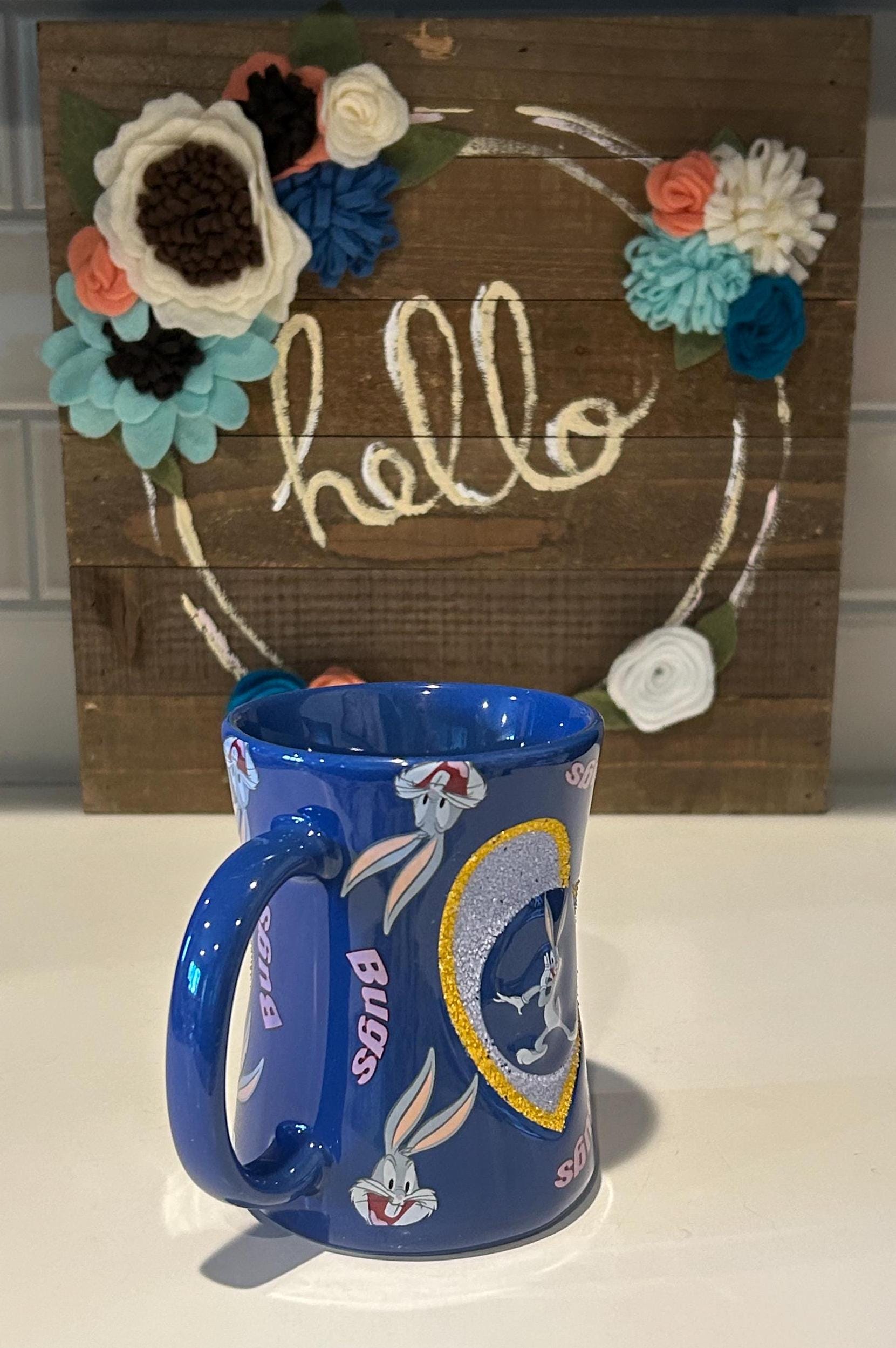 Vintage Bugs Bunny Six Flags Coffee Mug: Blue Glittery Collectable