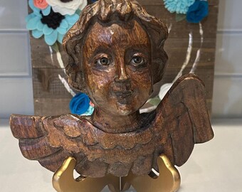 Carved Wood Cherub Face Sculpture with Glass Eyes