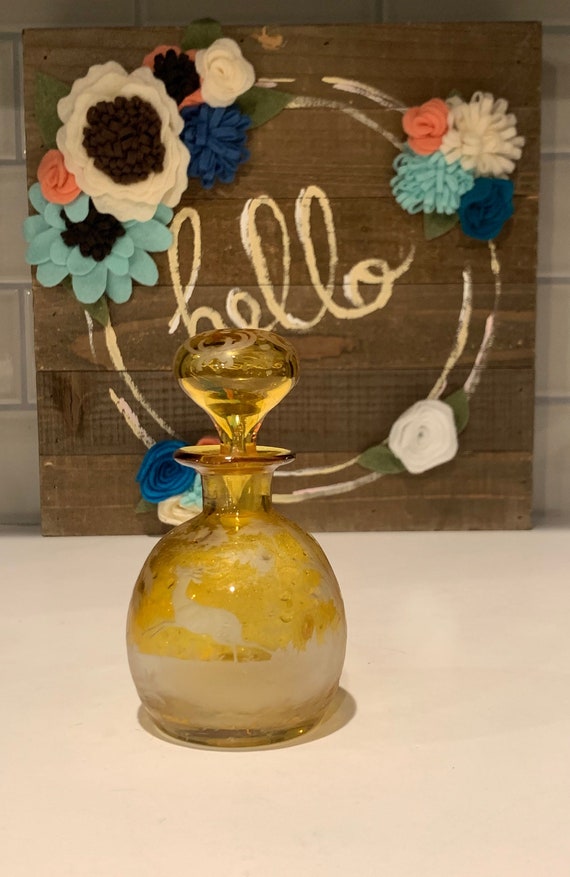 Vintage Yellow Glass Etched Perfume Bottle | Colle