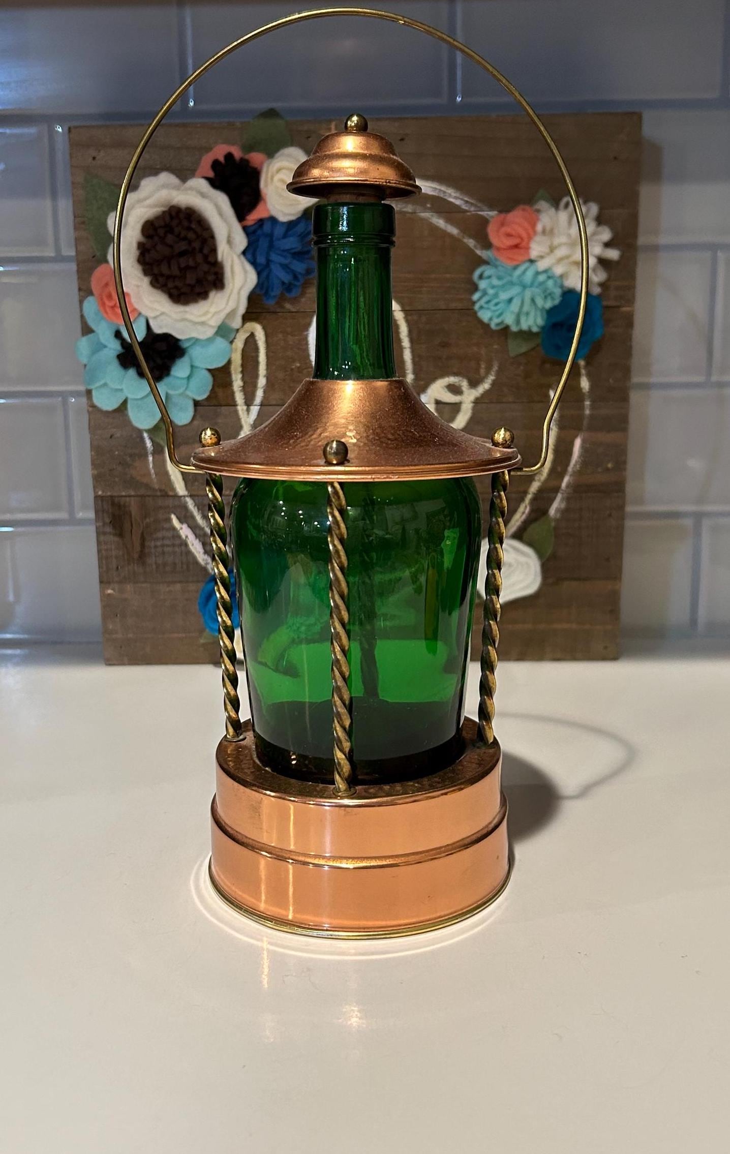 Copper Lantern Liquor Decanter: Green Glass Musical Bottle, Mid