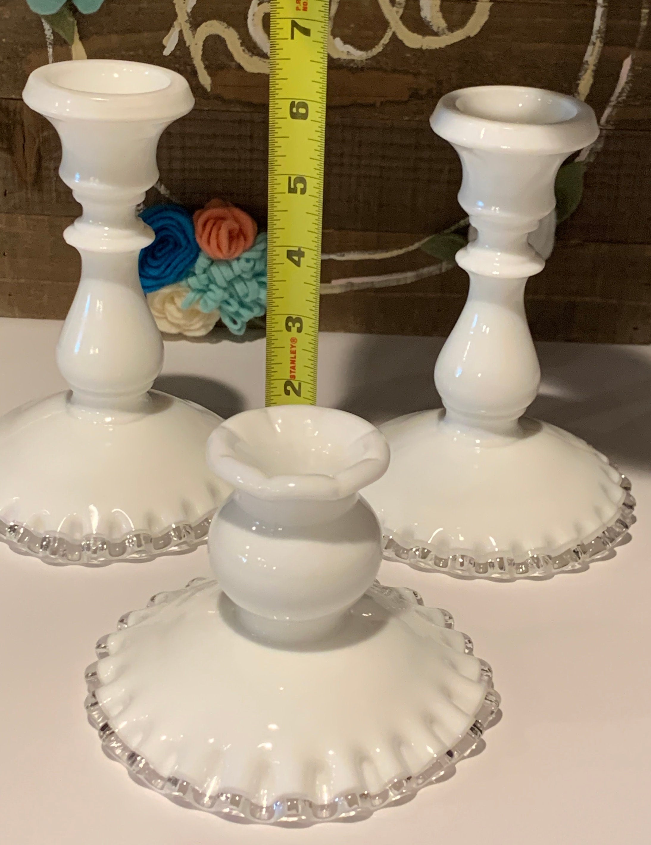 フェントン シルバー クレスト ミルクガラス キャンドルホルダー