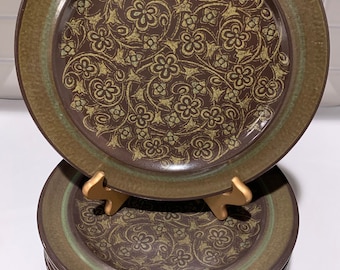 Franciscan MADEIRA Dinner Plates | Dark Brown With Green Tan Flowers  | Green Tablescape | Vintage Earthenware