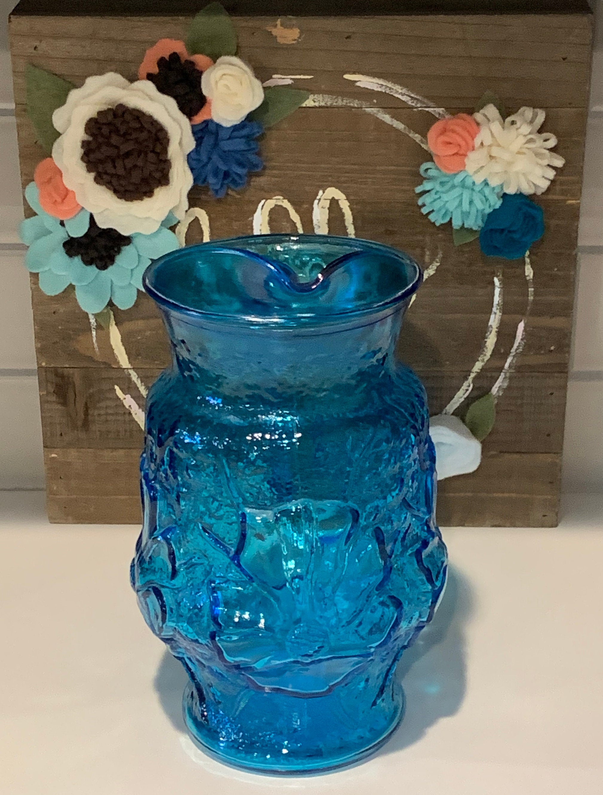 Blue Glass Daisy Water Pitcher Blue Glass Floral Glass Mimosa Pitcher Blue  Glass Table Decor 