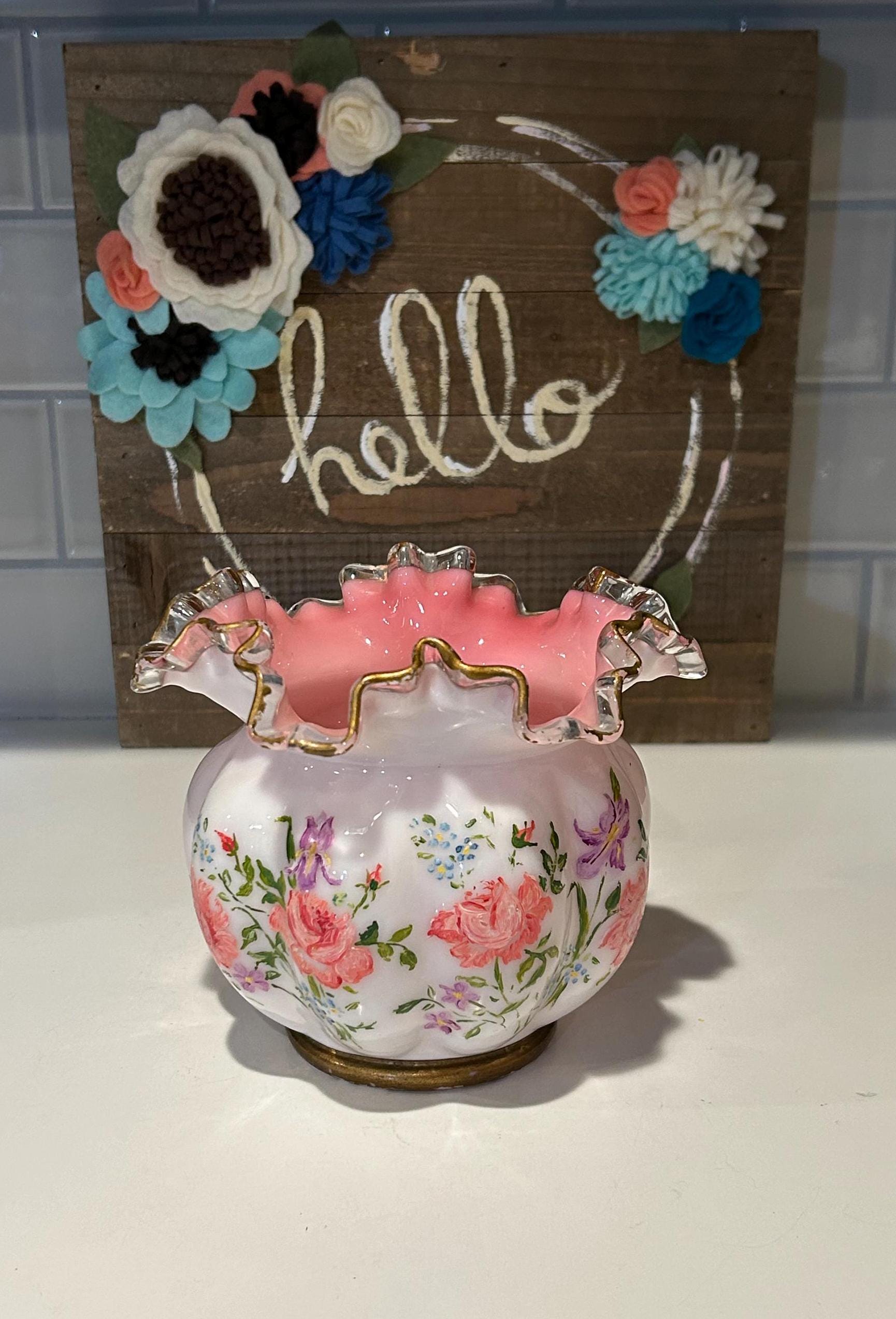 Fenton Charleton Peach Crest Vase: 1940s Hand-painted Floral Melon