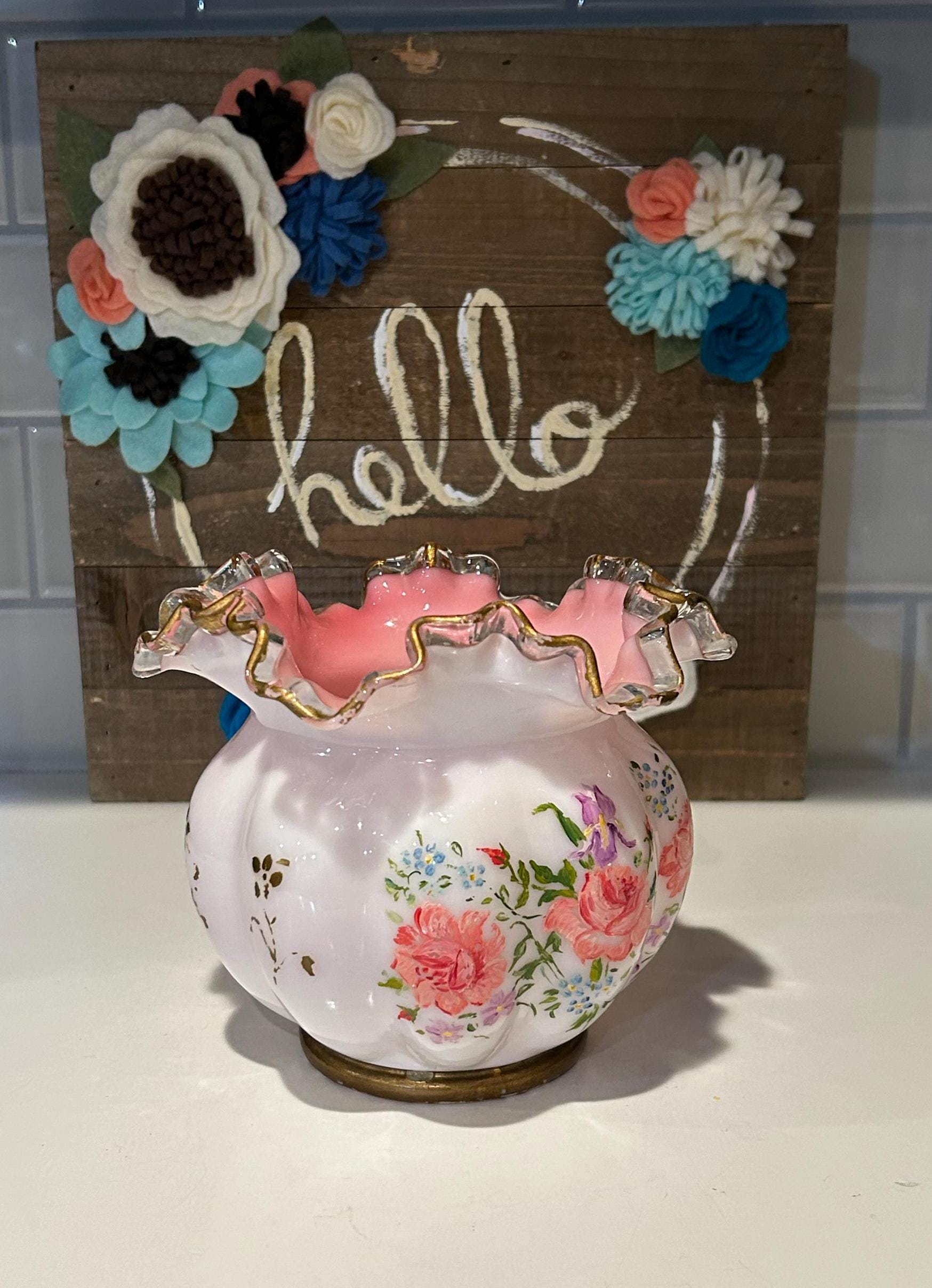 フェントン　ピーチクレスト　ビーテッドメロン　フラワーベース　Lサイズ Fenton Charleton Peach Crest Vase: 1940s Hand-painted Floral Melon