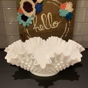 Vintage Double Crimped Round  Milk Glass Hobnail Bowl by FENTON | Farmhouse Bowl | Boho | Shabby Chic