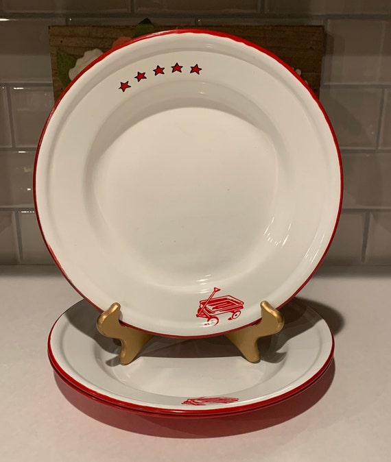 Taipro Enamel Plates Red White Enamel Plates Wagon Enamel Plates  Replacement Taipei Plates Rare Taipei Wagon Enamel Dinner Plate 