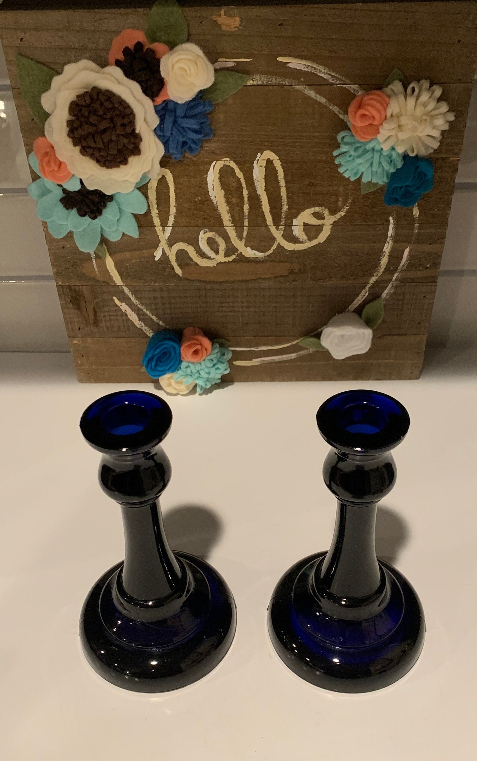 ヴィンテージ コバルトブルー ガラス キャンドルホルダー - 2個セット