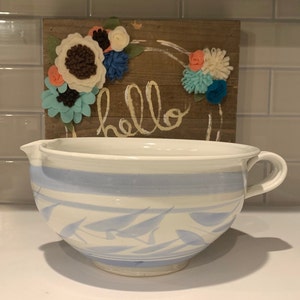 Batter Pottery Handled Bowl | Signed Pottery |  Large Blue Mixing Bowl | Kitchenware | Stoneware Batter Bowl