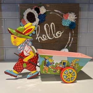 J Chein and Co Vintage 1950's Easter Bunny Rabbit Pulling Cart Tin Litho Toy