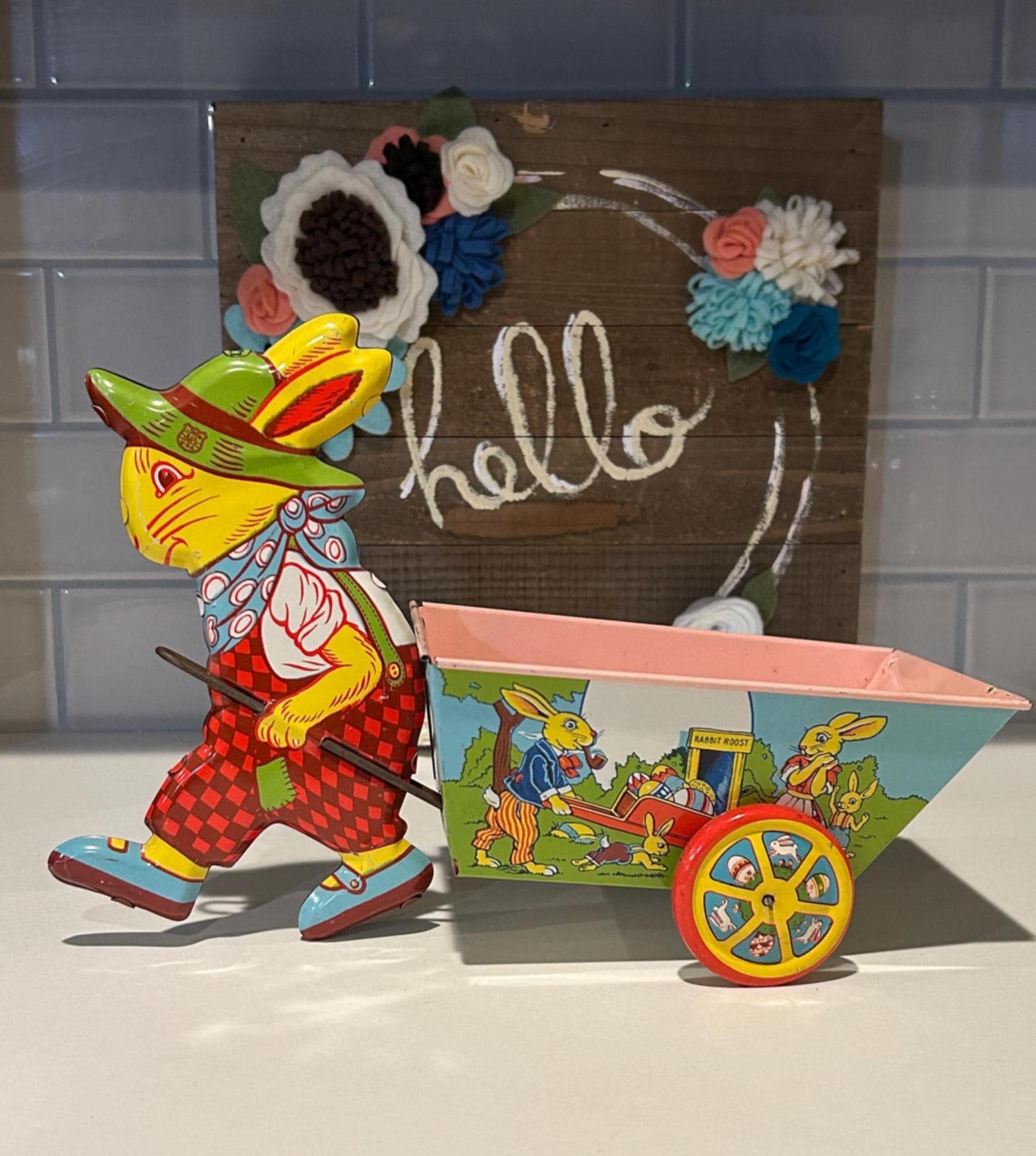 J Chein and Co Vintage 1950's Easter Bunny Rabbit Pulling Cart Tin