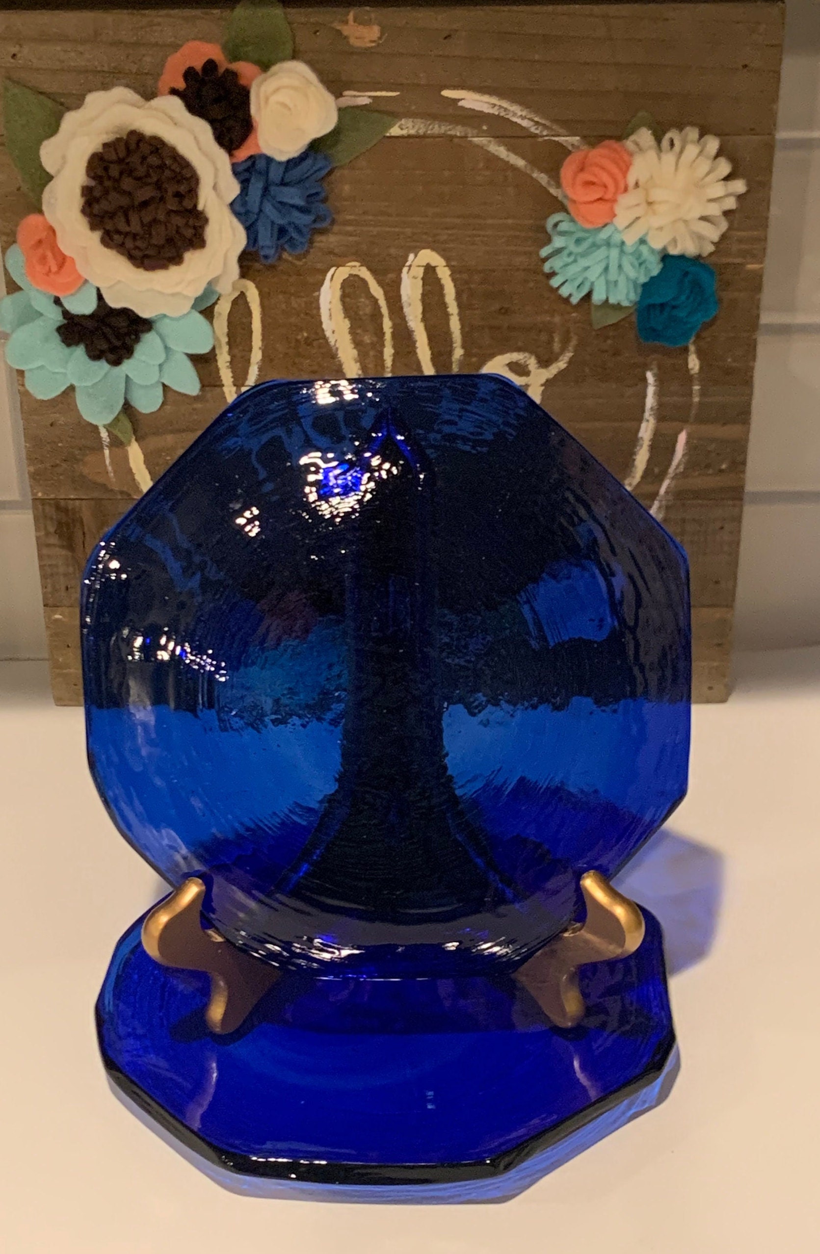 Recycled Glass Salad Plates Cobalt Blue Octagon Recycled Etsy