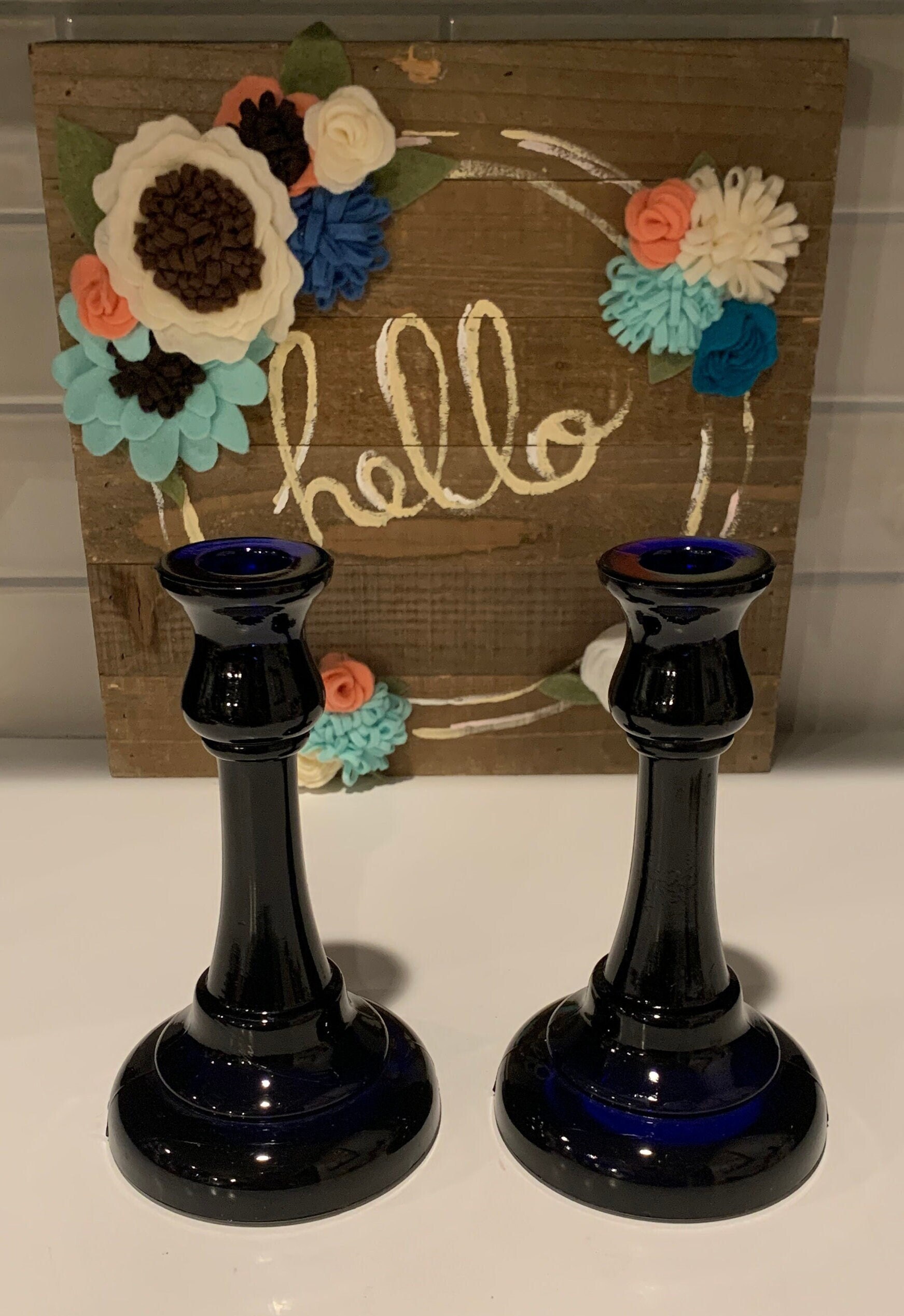 ヴィンテージ コバルトブルー ガラス キャンドルホルダー - 2個セット