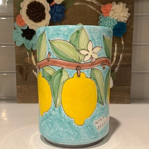 Lata de Utensílios de Limão | Porta-Utensílios de Limão | Lata de Limão Pintada à Mão Feita na Itália | Decoração de Cozinha de Limão | Artigos para Casa