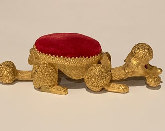 Vintage Florenza Poodle Pin Cushion | Florenza Poodle Bobble Head Tail Red Velvet And Gold