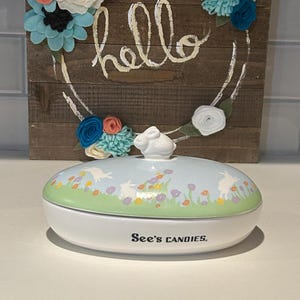 Easter Candy Dish | See&#39;s Easter Bunny Candy Dish | Ceramic Easter Bunny on Egg | See’s Candy Dish | Easter Gifts