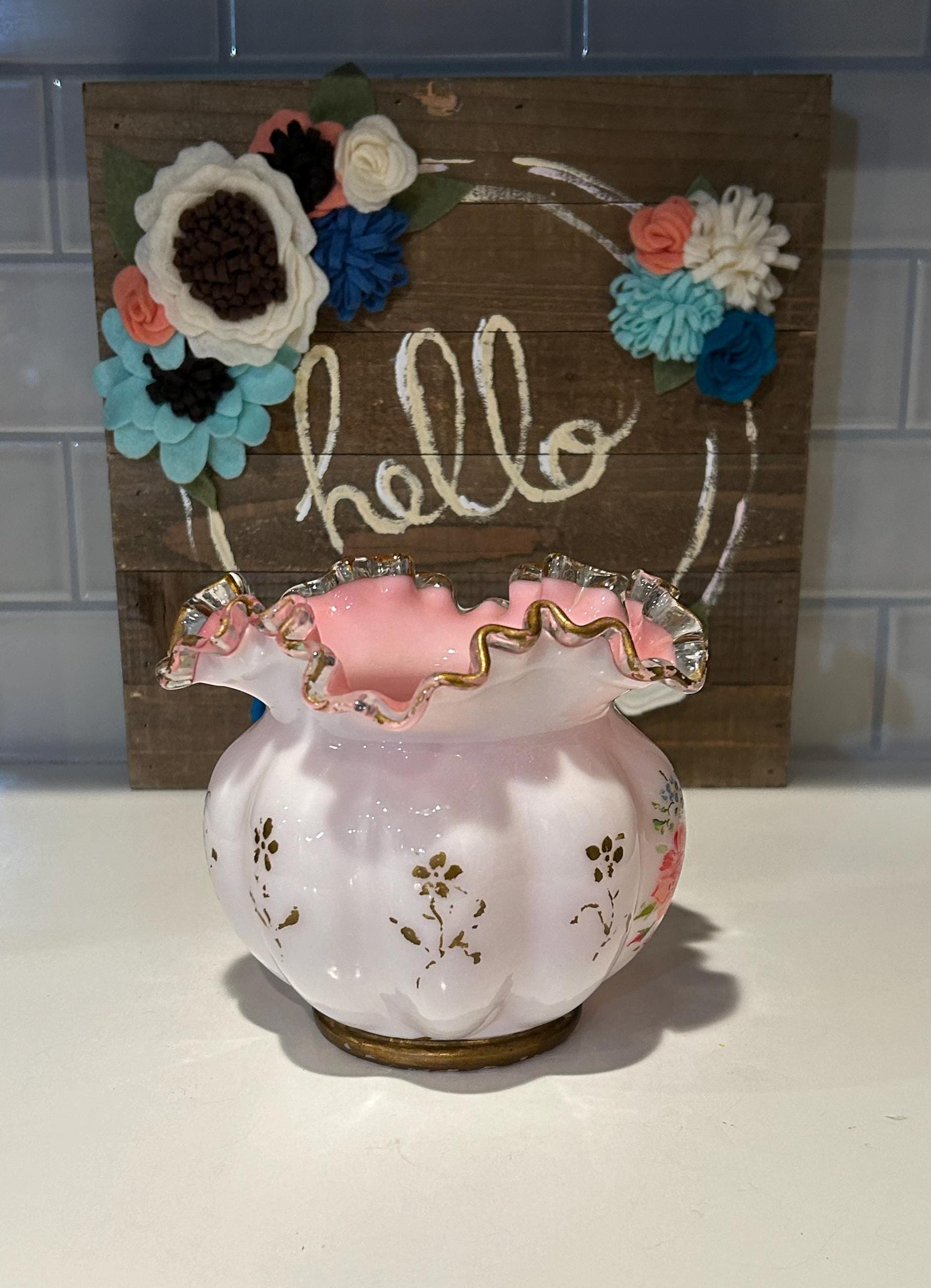 Fenton Charleton Peach Crest Vase: 1940s Hand-painted Floral Melon