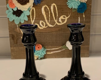 ヴィンテージ コバルトブルー ガラス キャンドルホルダー - 2個セット