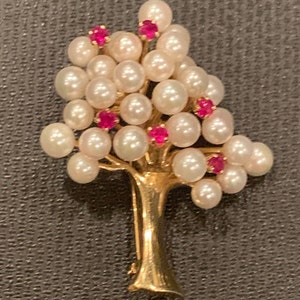 Rare Ruby and Pearl Tree of Life Brooch | 14k Ruby & Pearl Tree of Life Brooch