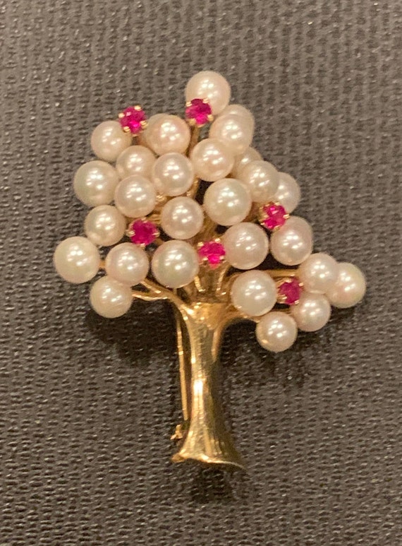 Rare Ruby and Pearl Tree of Life Brooch | 14k Ruby