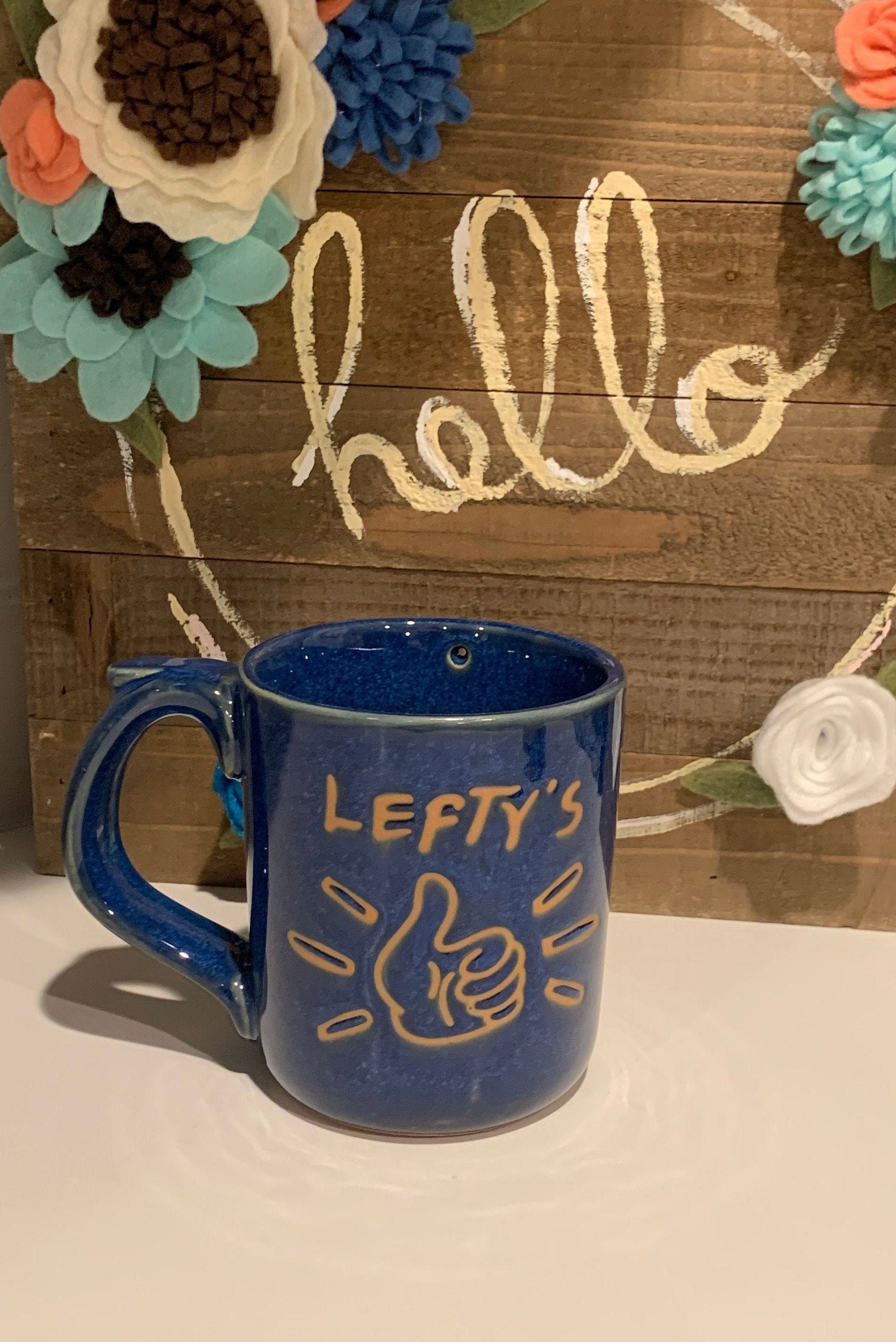 Lefty's Coffee Mug Blue Terra Cotta Left Handed Dribble Humorous Gift Cup￼