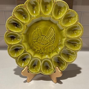 Deviled Egg Platter | Rooster Pottery Egg Platter | Green Deviled Egg Tray | Kitchen Decor | Home Warming Gifts | Gifts For Friends