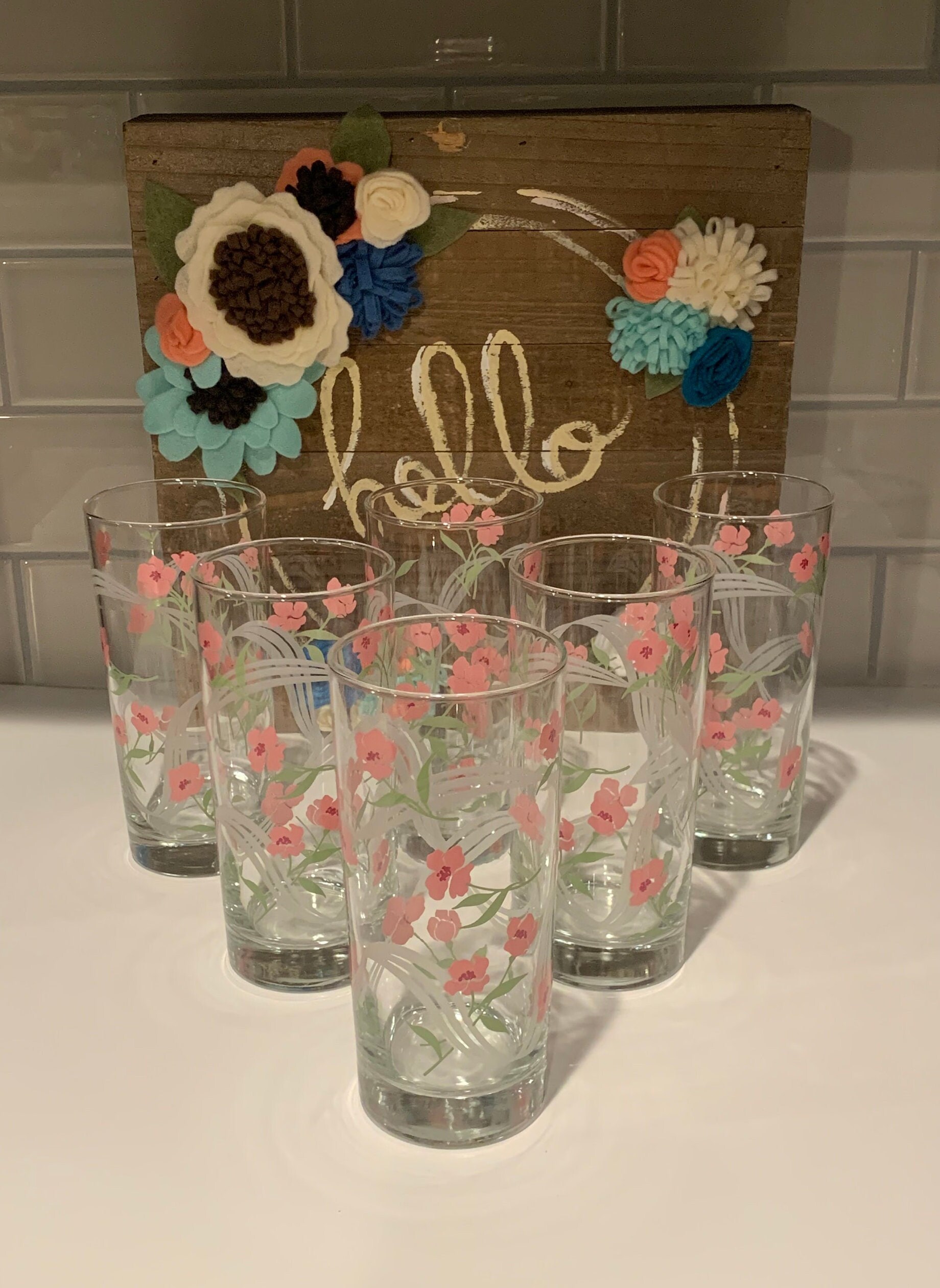 Vintage Pink Floral Glass Tumblers - Set of 6 - Etsy