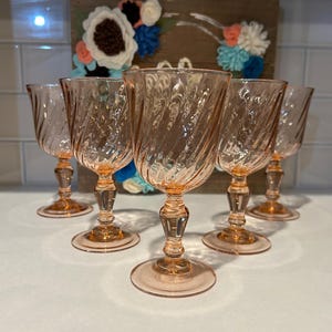 Pink Glass Water Goblets | Rosalind Pink Water Goblets (Swirl Optic) by D’ Arques—Durand | Pink Tablescape | Special Event Glassware