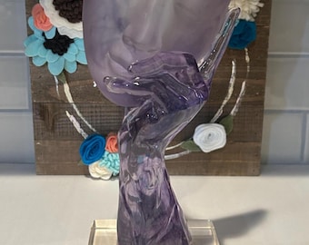 Purple Face Mask Held by Hand Lucite Sculpture