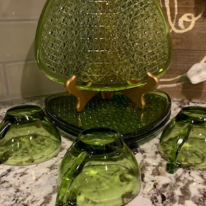 Daisy Button Triangle Glass Snack Luncheon Plate and Cup | Mid Century Glass Snack Trays | Green Glass Dishware | Green Kitchen Decor