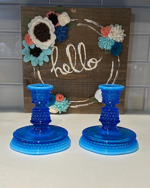 Blaue Westmoreland American Hobnail Glass Kerzenhalter
