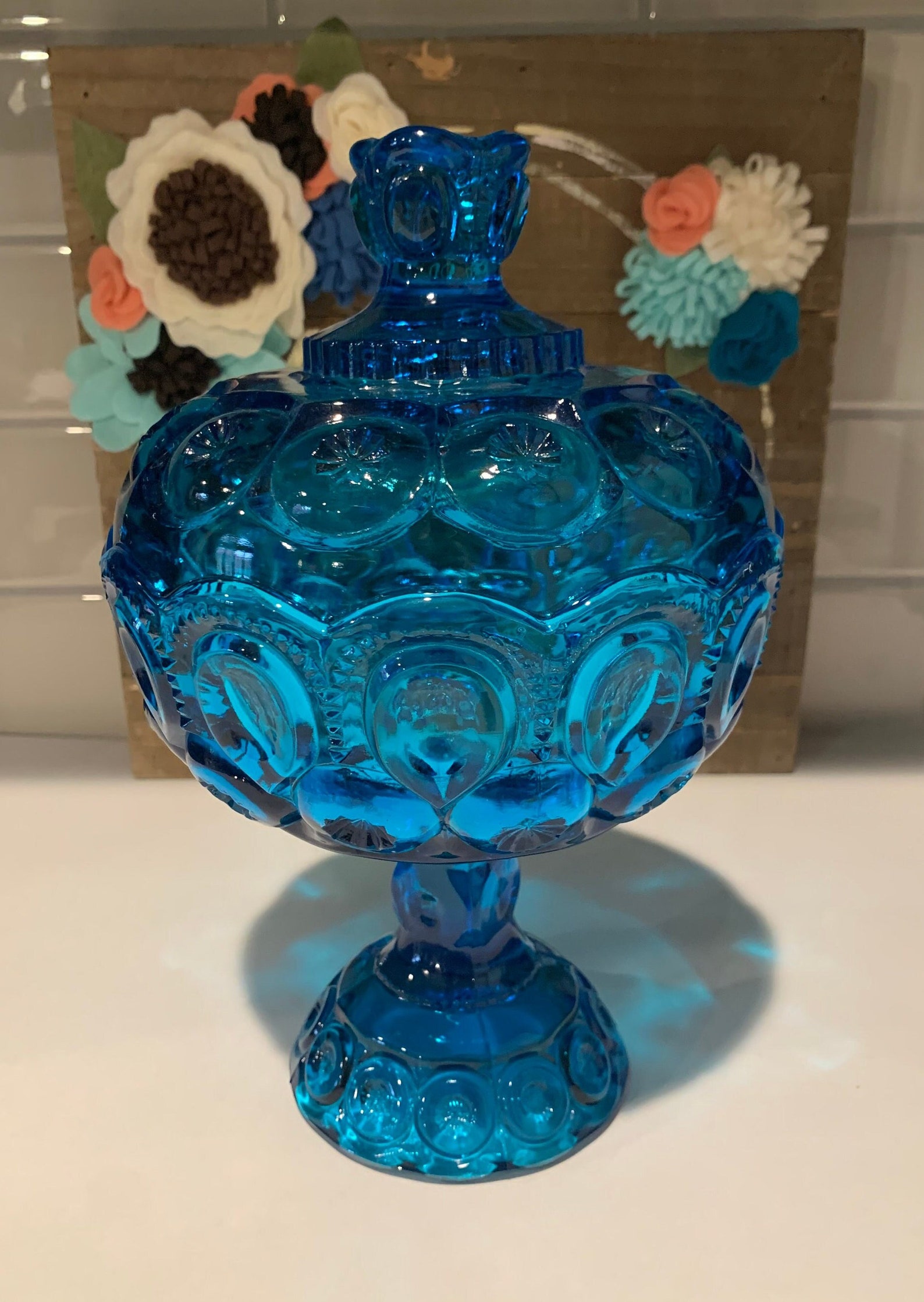 Vintage Moon and Stars Blue Compote With Lid by SMITH GLASS Etsy