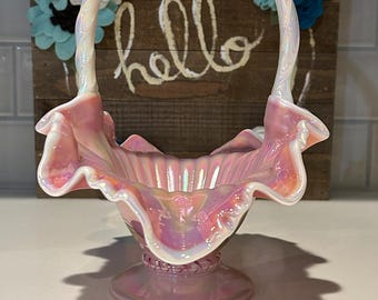 Fenton Glass Iridescent Pink Rosalene Tulip Basket: 95th