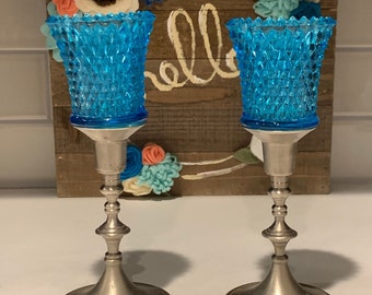 Candelabros votivos de vidrio con punta de diamante azul