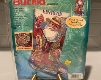 Vintage BUCILLA Needlepoint  Stocking Kit  | BUCILLA Raymond Fishing Santa Christmas Stocking Kit | Cross Stitch Stocking Kit