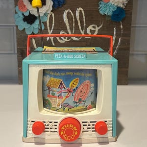 Vintage Fisher Price Double Screen Color TV Music Box Toy Peek-a
