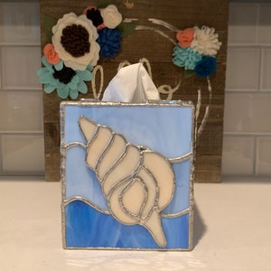 Stained Glass Sea Shell Tissue Box Cover | Blue Ocean Theme Tissue Box Cover | Stained Glass Home Decor