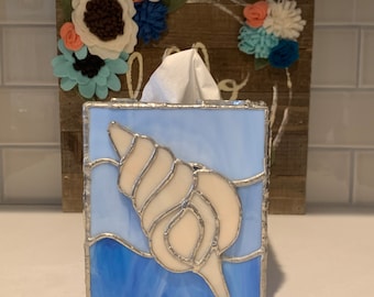 Stained Glass Sea Shell Tissue Box Cover: Blue Ocean Decor